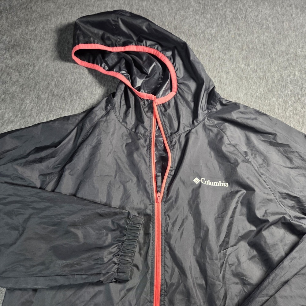 Columbia Jacket Womens Medium Black Red Hooded Windbreaker Lightweight Full Zip